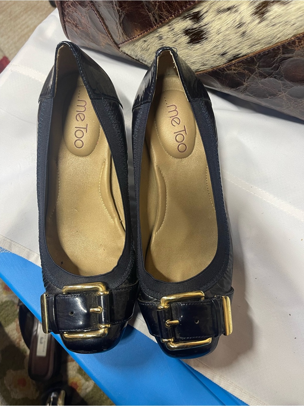 me too Black Patent Ballet heels with Gold Buckle Accent size 7.5